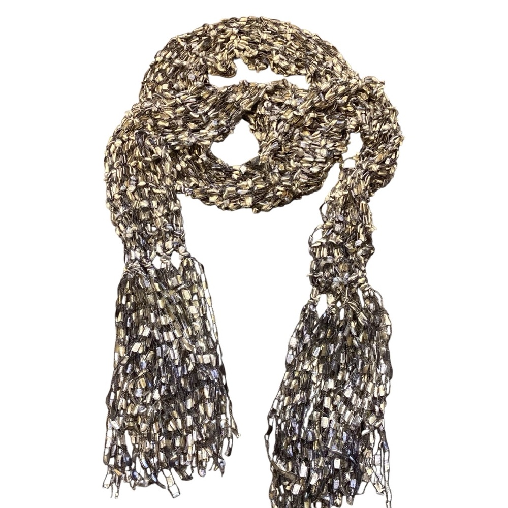 Handcrafted Fancy Ribbon Knit Fringe Scarf Gold, Brown, and Silver Stretch Boa